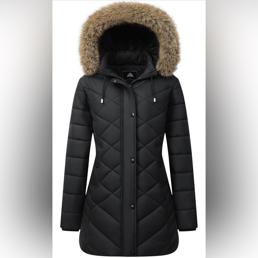 Women's Black Quilted Hooded Puffer Coat with Faux Fur Trim